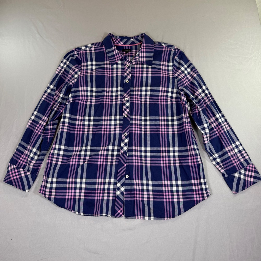 Talbots Womens XL Navy Pink Plaid Button Down Shirt Preppy Classic Old Money